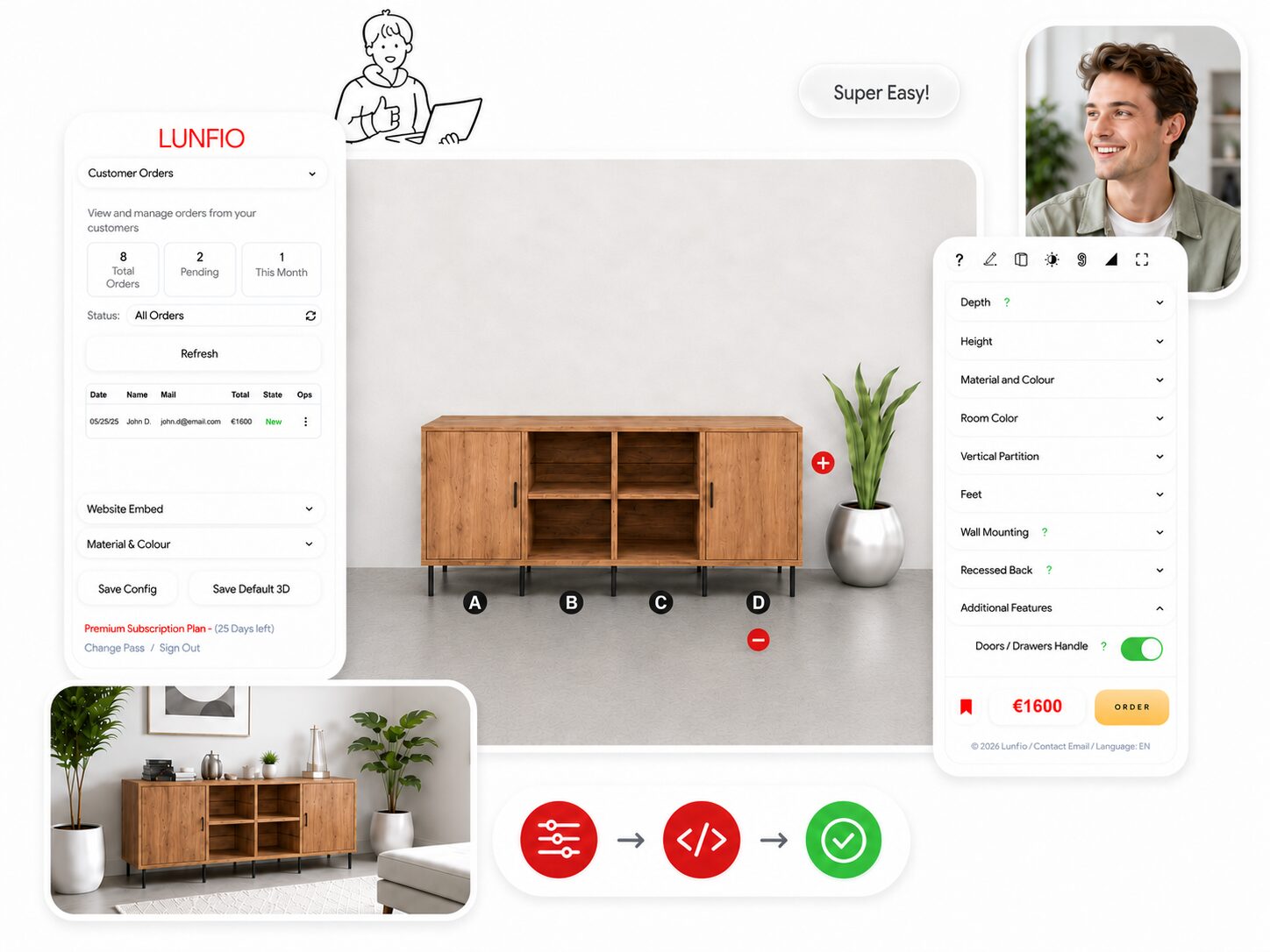 Furniture configurator material selection and order request preview